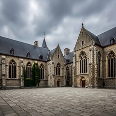Grimbergen Abbey - A Historic Belgian Landmark Under a Cloudy Sky.