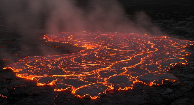 Molten Lava Flowing Across Earths Surface, Glowing Brightly.