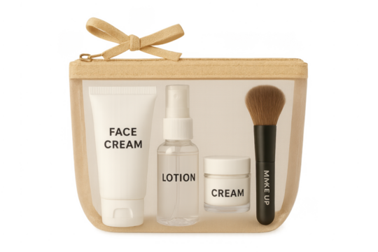 Cosmetic products and brush in transparent toiletry bag