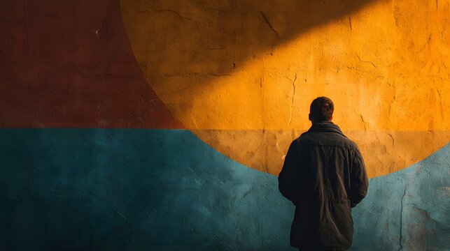 Solitary figure stands before a vividly colored, textured wall with abstract geometric shapes
