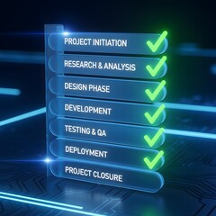Obraz premium Digital checklist showing completed project management phases with green checkmarks.