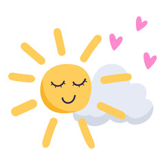 Cute cartoon sun with closed eyes hugging a fluffy cloud with pink hearts floating around it on a transparent white background