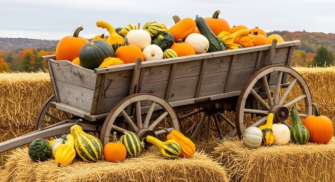 A rustic wooden wagon filled with a colorful assortment of pumpkins and gourds, set against a backdrop of autumn foliage and hay bales