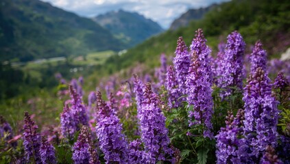 Obraz premium Beautiful purple flowers in a mountainous landscape, vibrant summer blooms, seasonal change