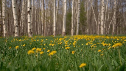 Fototapeta premium Natural Spring Landscape featuring a meadow adjacent to birch trees, emphasizing the vibrant dandelion flowers, seasonal beauty