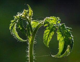 Close-up of a backlit green plant with intricate leaves and spiderwebs