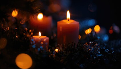 A collection of illuminated candles with flames in hues of blue, orange, and yellow, creating a warm ambiance, holiday season