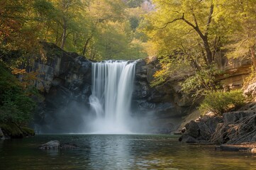 Obraz premium Natural waterfall scenery with lush forest and vibrant trees