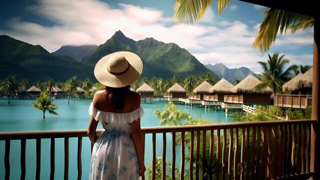 Tahiti bungalows. French Polynesia. woman in white dress and straw hat overlooking serene seascape with mountains in the backgroundwoman in offshoulder white dress with blue floral pattern.