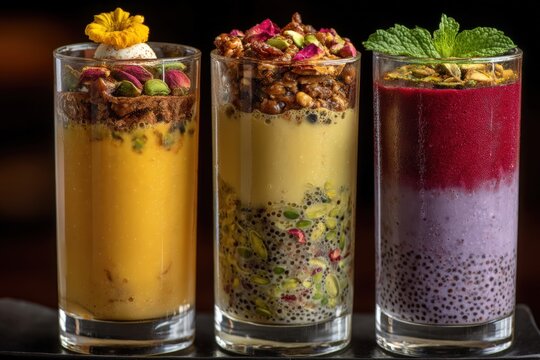 Exotic layered beverages featuring unique textures and vibrant colors enhanced by decorative toppings showcasing culinary artistry and innovative presentation techniques