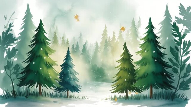 Watercolor Winter Forest with Snow and Pine Trees image