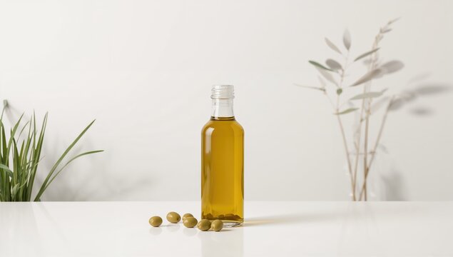 Bottle of virgin olive oil accompanied by olives on a white surface, healthful fat source