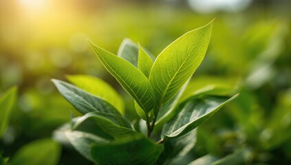 Obraz premium Green tea leaves with a blurred backdrop, beneficial herbal choice