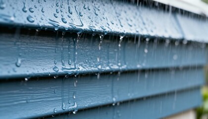 Medium shot of rainwater effortlessly washing dirt off selfcleaning siding highlighting its maintenancefree coating during wet weather.