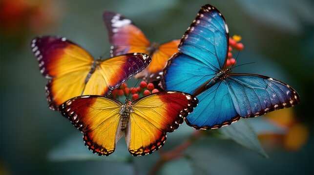 A close-up of several colorful butterflies, with wings in multiple shades of blue, orange, yellow, and red, sitting together on a flower.