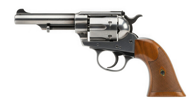 Classic single-action revolver with wood grip on clean background
