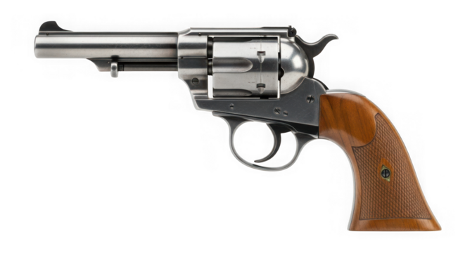 Classic single-action revolver with wood grip on clean background