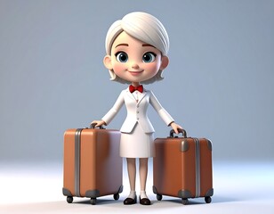 Charming cartoon character with white suit, holding two brown suitcases, grey background