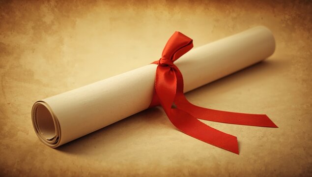 A rolled parchment diploma scroll tied with a red ribbon at an angle, vintage aesthetic, educational achievement