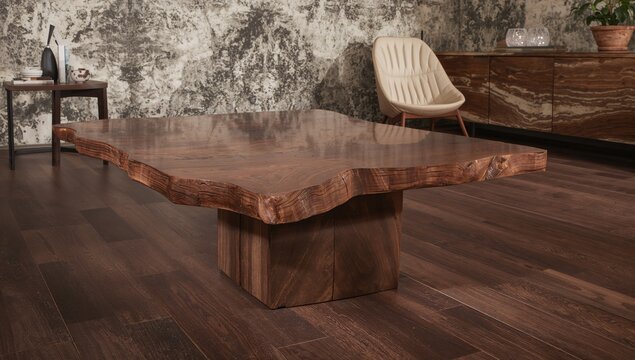 Epoxy resin applied to a cracked walnut wood surface, showcasing craftsmanship, furniture design