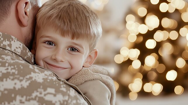 Smiling boy embraces his army father during a heartfelt Christmas reunion filled with joy and love