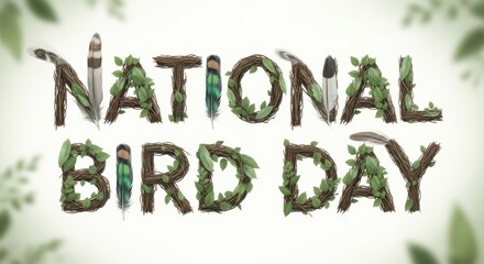 The words national bird day creatively formed with natural elements like leaves, twigs, and feathers on a light background