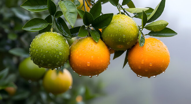 Oranges and unripe citrus fruits hanging on a tree with water droplets - Powered by Adobe