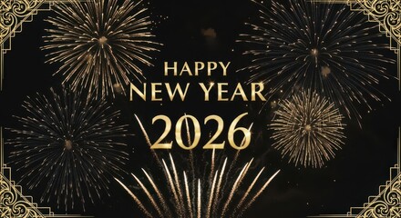 Happy new year 2026 text with golden fireworks exploding in the night sky, celebrating the arrival of the new year