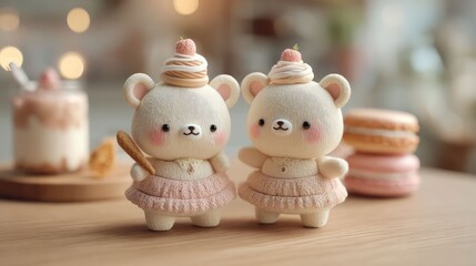 Cute kawaii bear figurines with dessert on head