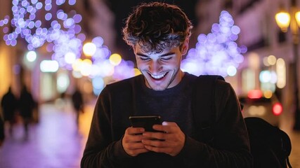 Smiling young man uses smartphone at night city, illuminated street with bokeh lights, technology - Powered by Adobe