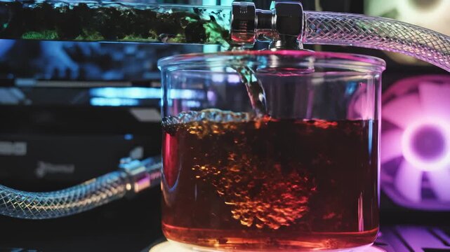 Liquid Cooling Pouring Into Beaker Inside Computer Case