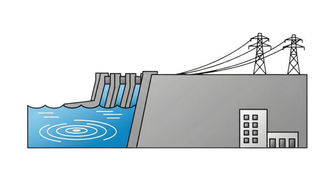Advanced Hydroelectric Dam Power Generation Illustration: Renewable Hydropower Plant, Water Turbine Energy, Electricity Transmission, Sustainable Reservoir Management