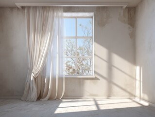 A window with a curtain in front of it. The curtain is white and is open. The window is letting in sunlight