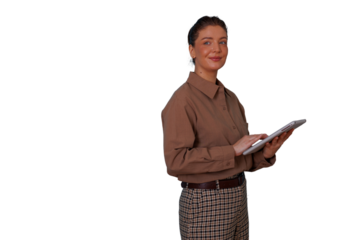 Businesswoman standing, smiling and using tablet for work, online communication and digital technology, transparent background