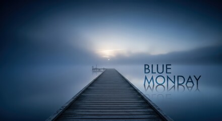 A solitary wooden pier stretches across a misty, calm lake towards a hazy sunrise, evoking a sense of melancholy and the concept of blue monday