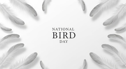 A minimalist composition featuring delicate white feathers arranged in a circular frame on a clean white background, celebrating national bird day