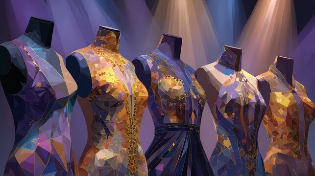 Colorful Geometric Fashion Display on Mannequins Under Spotlights