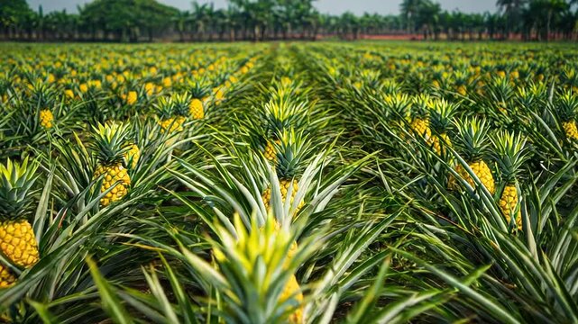 Rows of Ripe Pineapples in a Tropical Field with Lush Green Leaves and Palm Trees in the Distance under Bright Sunlight and Clear Blue Skies in a Sunny Agricultural Landscape