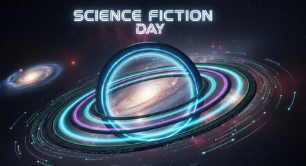 Science fiction day text over a glowing ringed planet and distant galaxy in deep space, celebrating the genre