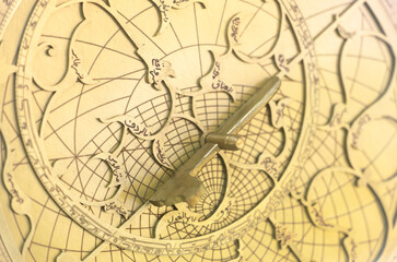 Antique wooden astronomical clock, close-up.