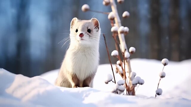 A closeup of a weasel in the snow, with a blurred blue background. The weasels fur is a light beige color, and its eyes are a deep brown.