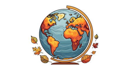 Autumn Illustrated Earth Globe with Falling Leaves