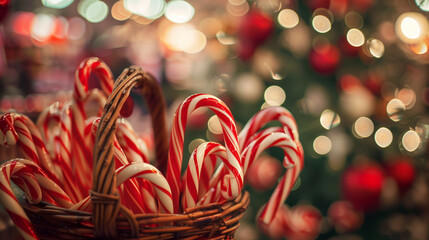 Festive basket filled with colorful candy canes, surrounded by a beautifully decorated Christmas tree, creating a cozy and inviting holiday atmosphere with twinkling lights