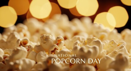 Closeup of fluffy popcorn with bokeh lights in the background, celebrating national popcorn day