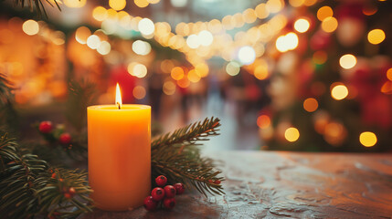 Warm candle glowing softly on a wooden table surrounded by evergreen branches and festive decorations, creating a cozy atmosphere for winter holiday celebrations and gatherings