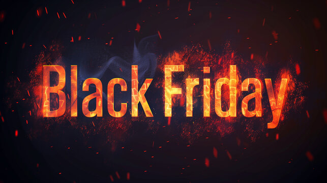 Black Friday promotional graphic featuring fiery text with glowing embers and smoke effects, creating a dynamic atmosphere for holiday shopping excitement and sales events