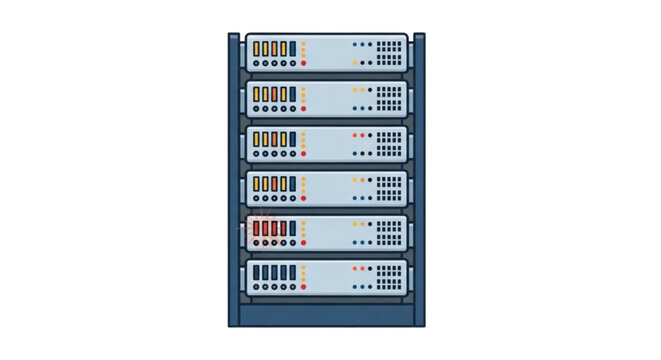 Advanced Data Center Server Rack Illustration: Cloud Computing Infrastructure, Network Hardware Stack, IT Systems Management, High-Performance Storage Array