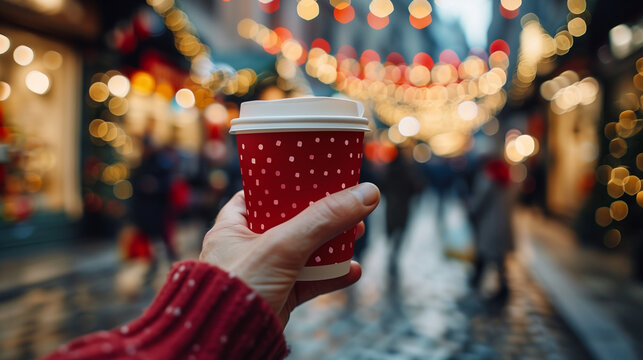 Hand holding festive red coffee cup with white polka dots, in a bustling street decorated with colorful lights and holiday ornaments, creating a cozy seasonal atmosphere of winter holidays