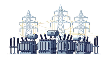 Advanced Electrical Substation Transformer Yard Illustration: High-Voltage Power Distribution, Grid Infrastructure, Transmission Lines, Energy Network Management