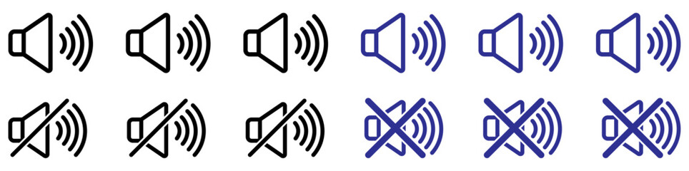 Volume symbol vector editable outline icon design, Volume sound icon set for apps and websites, Audio speaker line icons collection, Minimal sound volume icons pack, Speaker and mute outline design. 